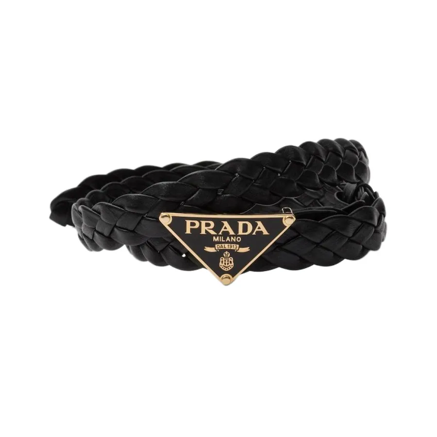 Prada Women' s Triangled Buckle Intrecciato Belt In Brown/Black Lambskin With Gold Hardware 25mm