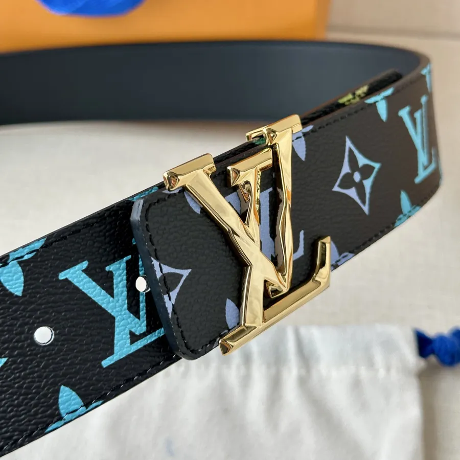Louis Vuitton Men's Initiales Belt In Black/Blue/White/Dark Blue Monogram Canvas With Gold/Silver/Gun Black Hardware 40mm