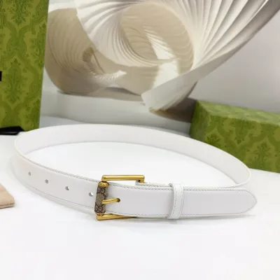 Gucci Women's Emblem Belt With Monogram Buckle In Brown/White/Black Smooth Calfskin With Gold Hardware 30mm