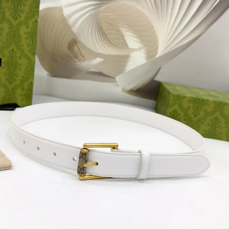 Gucci Women's Emblem Belt With Monogram Buckle In Brown/White/Black Smooth Calfskin With Gold Hardware 30mm