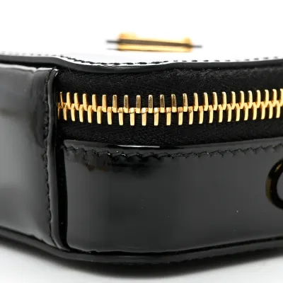 Prada Mini Metal Triangle Logo Pouch with Handle Black Vernice Leather Gold Hardware