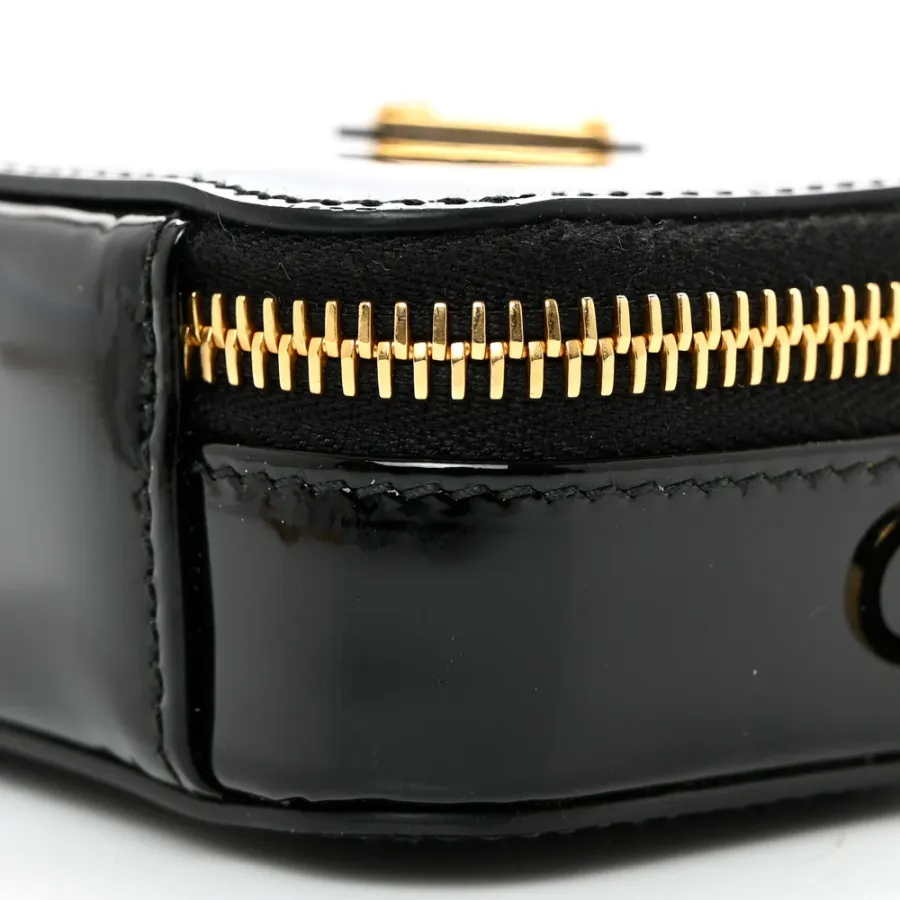 Prada Mini Metal Triangle Logo Pouch with Handle Black Vernice Leather Gold Hardware