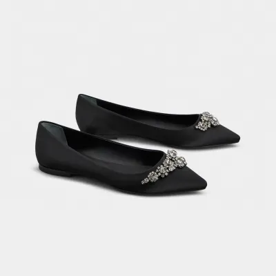 Roger Vivier Efflorescence Ballerinas In White/Black Satin With Crystal Flowers Buckle (Heel Height 1cm)