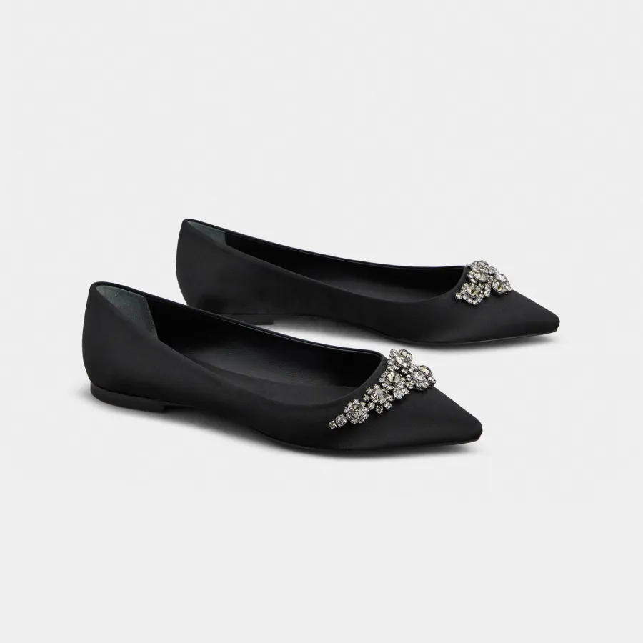 Roger Vivier Efflorescence Ballerinas In White/Black Satin With Crystal Flowers Buckle (Heel Height 1cm)