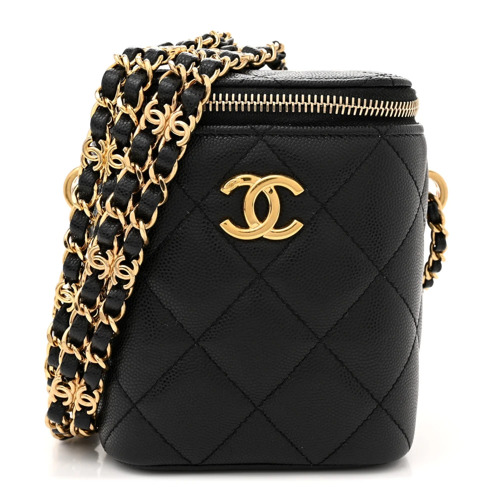 Estojo Vertical Chanel Com Corrente Pequeno Preto Couro Caviar Acolchoado Hardware Dourado