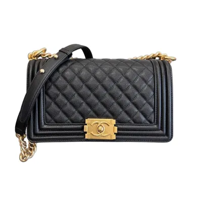 Chanel Lleboy Black Quilted Shiny Calfskin Leather / Quilted Caviar Leather Shoulder Bags Crossbody Bags