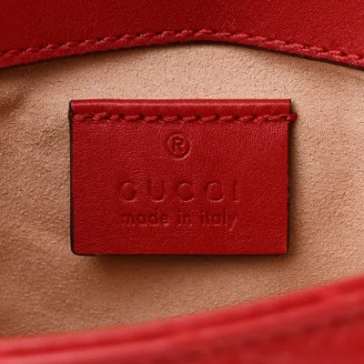 Gucci Super Mini GG Marmont Shoulder Bag Hibiscus Red Calfskin Matelassé Leather Gold Hardware