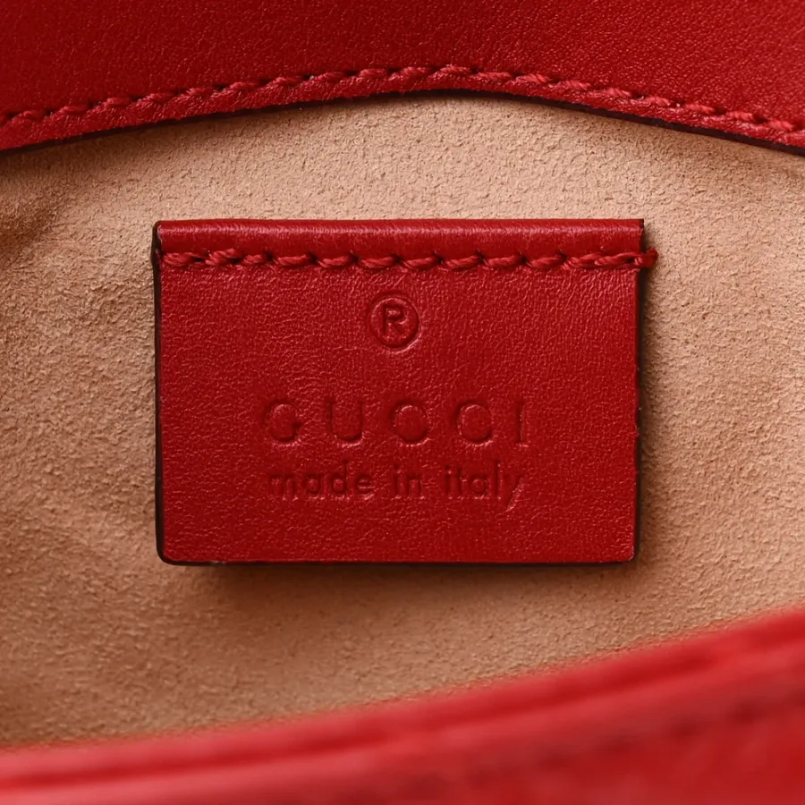 Gucci Super Mini GG Marmont Shoulder Bag Hibiscus Red Calfskin Matelassé Leather Gold Hardware