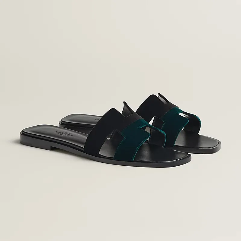 HERMES Oran Dark green Slippers
