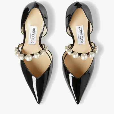 JIMMY CHOO Pearl embellished black lacquered leather pointed high heels shoes