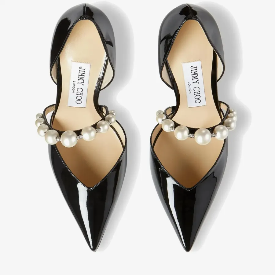 JIMMY CHOO Pearl embellished black lacquered leather pointed high heels shoes