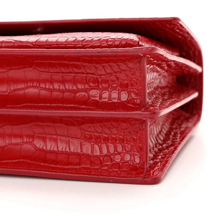 Saint Laurent Medium Sunset Bag Rouge Eros Embossed Monogram Calfskin & Crocodile Leather Silver Hardware