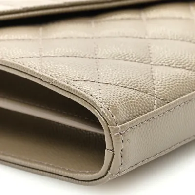 Saint Laurent Small Chain Wallet Dark Beige Triquilt Monogram Grain De Poudre Mixed Matelasse Leather Gold Hardware