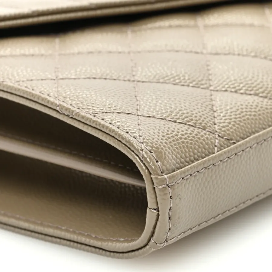 Saint Laurent Small Chain Wallet Dark Beige Triquilt Monogram Grain De Poudre Mixed Matelasse Leather Gold Hardware