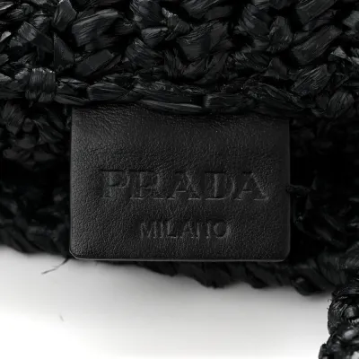 Prada Large Effect Crochet Logo Tote Bag Black Yarn Raffia