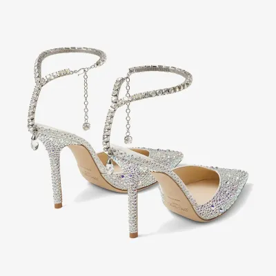 JIMMY CHOO Crystal decorated ivory white satin heels Pointed heels shoes