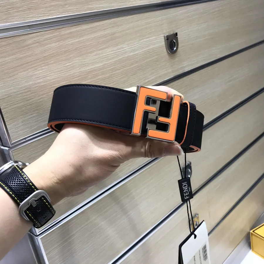 Fendi Men's Squared FF Buckle Belt In Black/Blue Smooth Calfskin With Silver Hardware 40mm