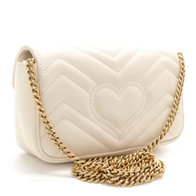 Gucci Mini GG Marmont Shoulder Bag White Calfskin Matelassé Super Leather Aged Gold Hardware