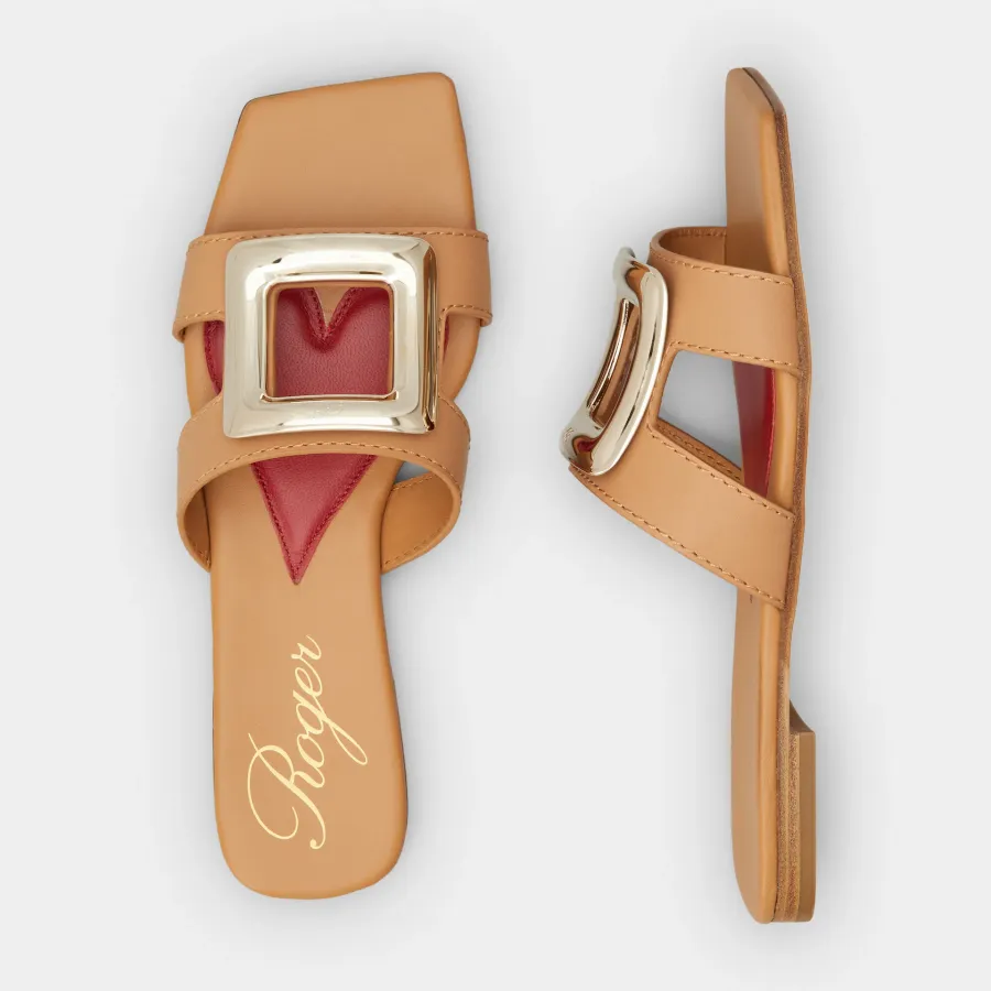 Roger Vivier Viv' By The Sea Mules Flats In Orange Leather With Metal Buckle