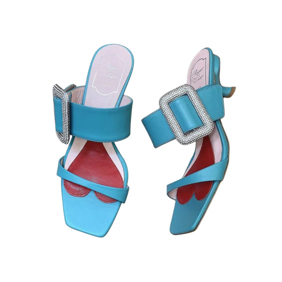 Roger Vivier Viv' Rangers Mules Sandals In White/Black/Blue Leather With Crystal Buckle (Heel Height 5.5cm)