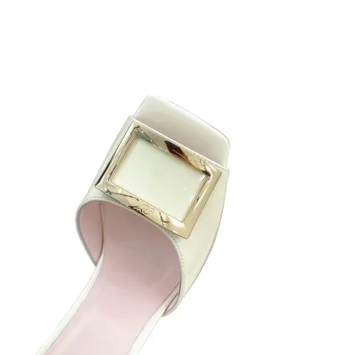 Roger Vivier Trompette Mules High Heels In White/Black Patent Leather With Metal Buckle (Heel Height 8.5cm)