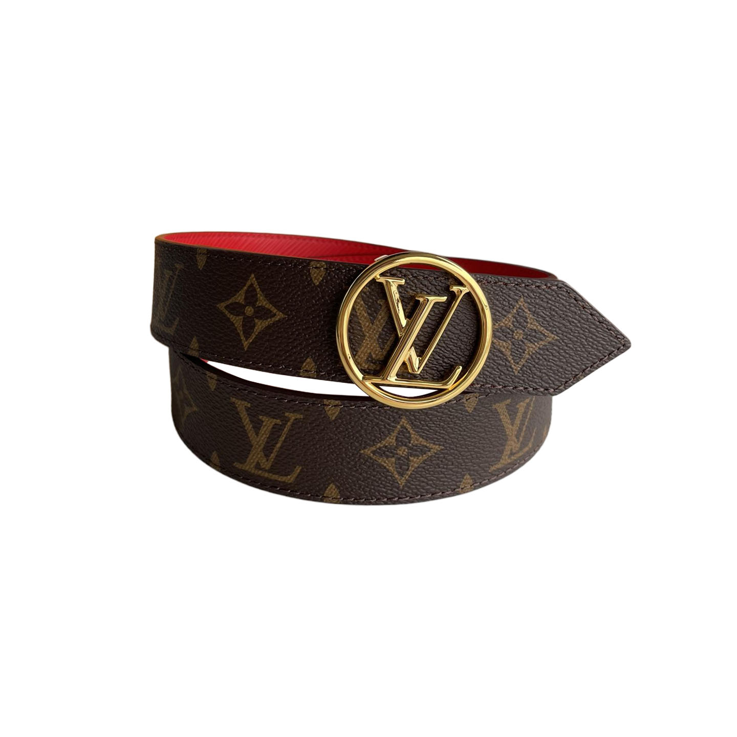 Cinto Louis Vuitton Feminino com Fivela Circular em Couro Bezerro Preto/Vermelho e Canvas Monograma com Ferragens Douradas/Prateadas 35mm