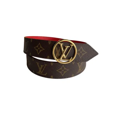 Louis Vuitton Women's Circle Buckle Belt In Black/Red Calfskin And Monogram Canvas With Gold/Silver Hardware 35mm