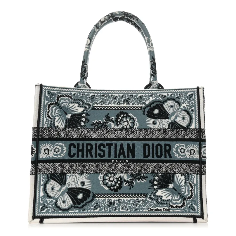 Dior Medium Butterfly Bandana Book Tote Black/White Embroidered Canvas
