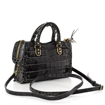 Balenciaga Nano City Bag Dark Grey Crocodile Embossed Calfskin Leather Gold Hardware