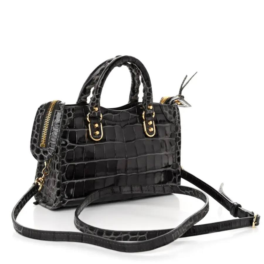 Balenciaga Nano City Bag Dark Grey Crocodile Embossed Calfskin Leather Gold Hardware