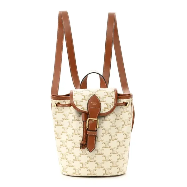 Celine Mini Folco Backpack White Triomphe Canvas & Calfskin Leather Gold Hardware