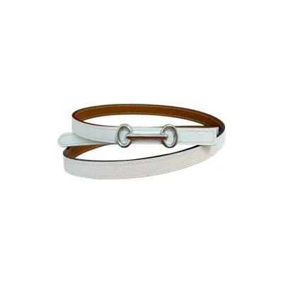 Hermès Women' s Horsebit Buckle Reversible Belt In White/Pink/Etoupe Calfskin With Gold/Silver Hardware 13mm