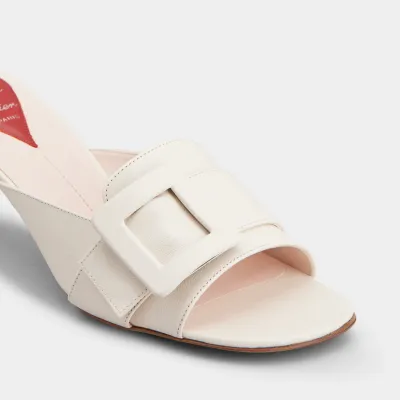Roger Vivier Viv' Canard Mules Sandals In White Leather With Lacquered Metal Buckle (Heel Height 5.5cm)