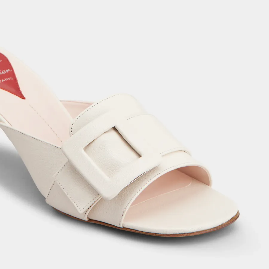 Roger Vivier Viv' Canard Mules Sandals In White Leather With Lacquered Metal Buckle (Heel Height 5.5cm)