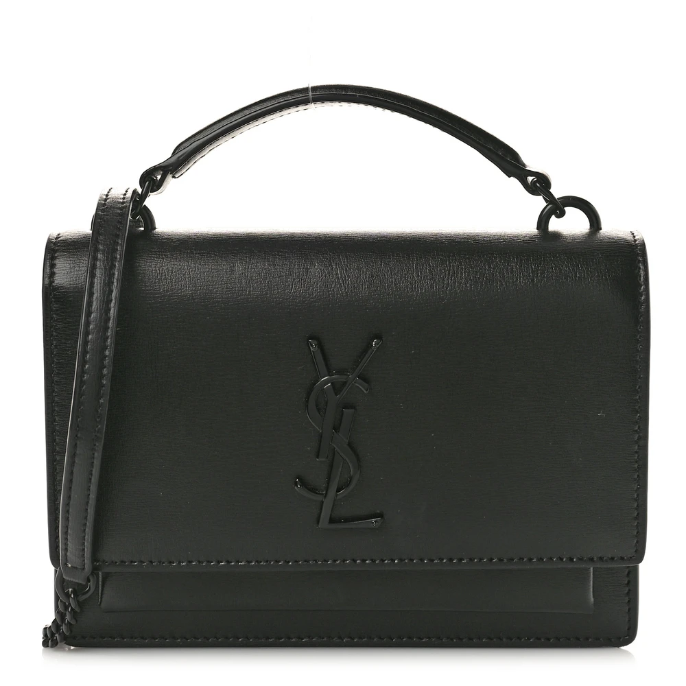Saint Laurent Bolsa Carteira Small Sunset Chain em Couro Calfskin Monogram Preto com Hardware Preto