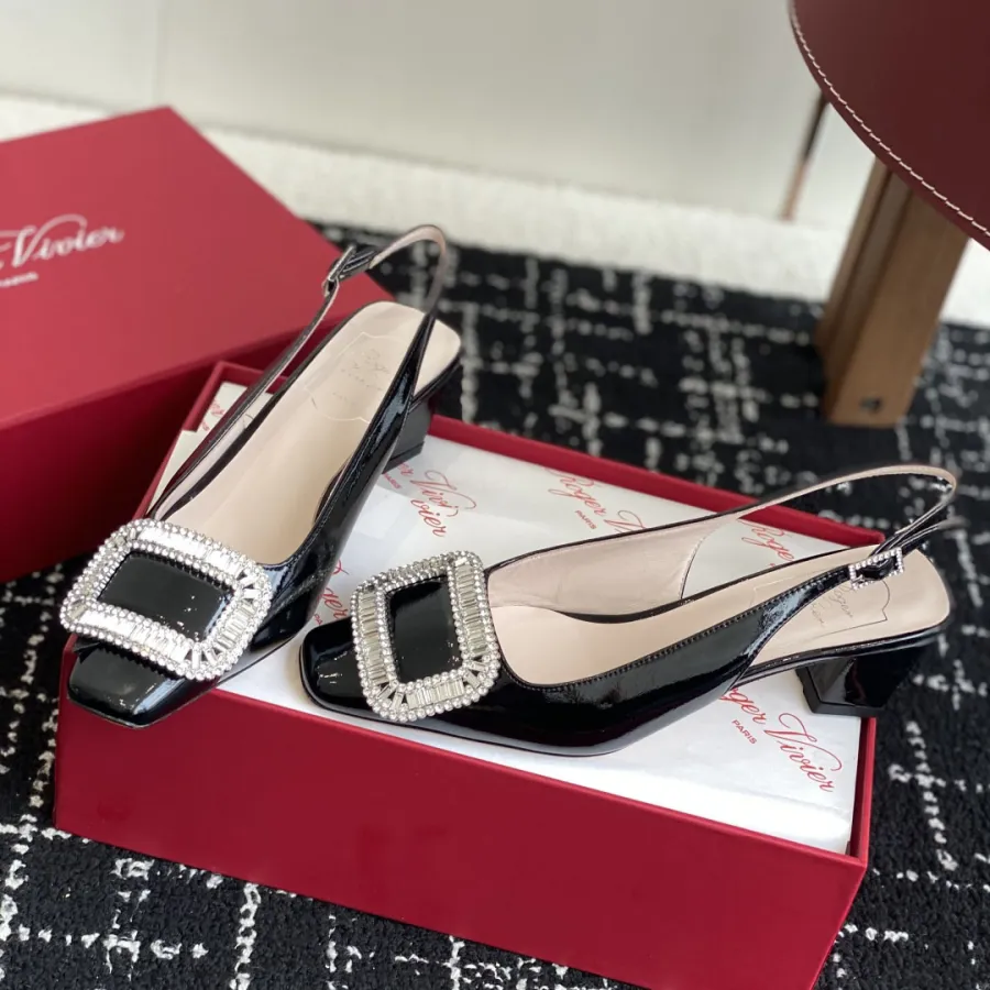 Roger Vivier Belle Viver Slingback Pumps High Heels In Black Patent Leather With Crystal Buckle (Heel Height 4.5cm)