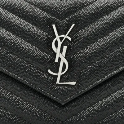 Saint Laurent Small Envelope Chain Wallet Black Chevron Monogram Grain De Poudre Matelasse Leather Silver Hardware