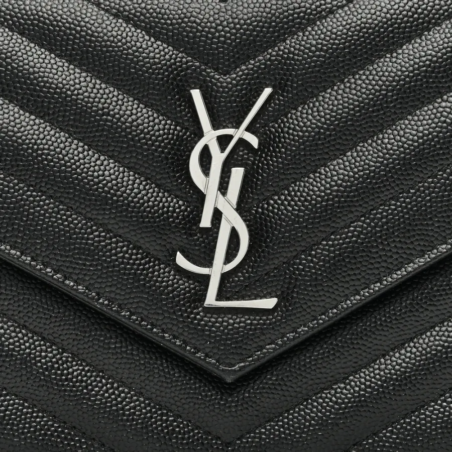 Saint Laurent Small Envelope Chain Wallet Black Chevron Monogram Grain De Poudre Matelasse Leather Silver Hardware