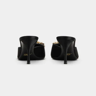 Roger Vivier Efflorescence Mules High Heels In Black Satin With Crystal Buckle (Heel Height 6.5cm)