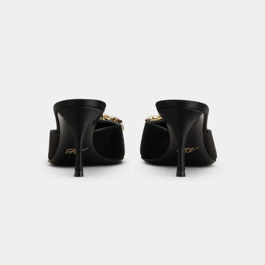 Roger Vivier Efflorescence Mules High Heels In Black Satin With Crystal Buckle (Heel Height 6.5cm)
