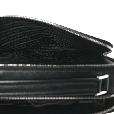 Prada Medium Travel Brique Crossbody Bag Black Saffiano Leather Silver Hardware