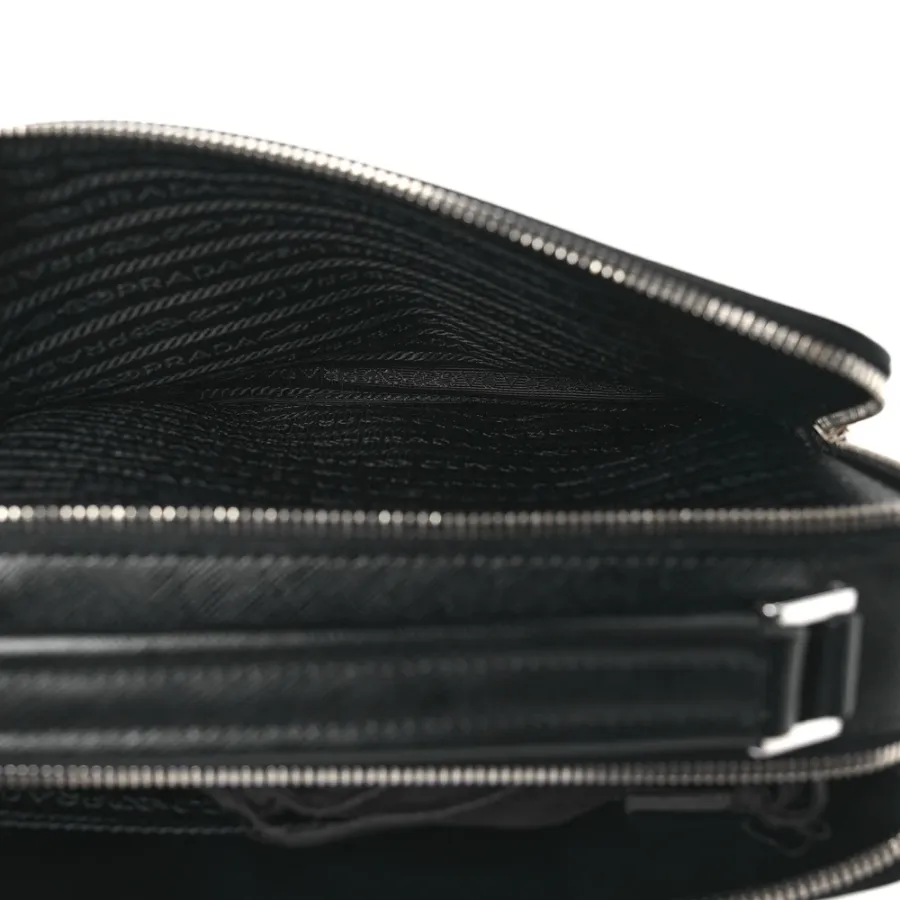 Prada Medium Travel Brique Crossbody Bag Black Saffiano Leather Silver Hardware