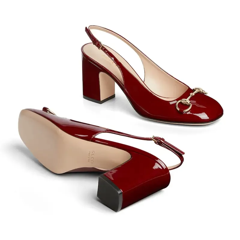 Gucci red patent leather thick heel high heels shoes Rear lace up high heels