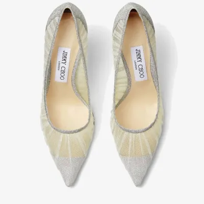 JIMMY CHOO Ivory white tulle cover metallic silver shimmer fabric heels