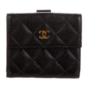 Chanel Medium Interlocking CC Logo Compact Wallet Black Caviar Leather Gold Hardware