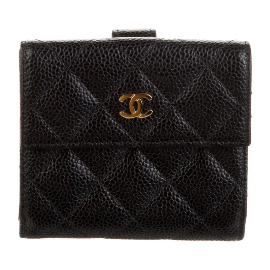 Chanel Medium Interlocking CC Logo Compact Wallet Black Caviar Leather Gold Hardware