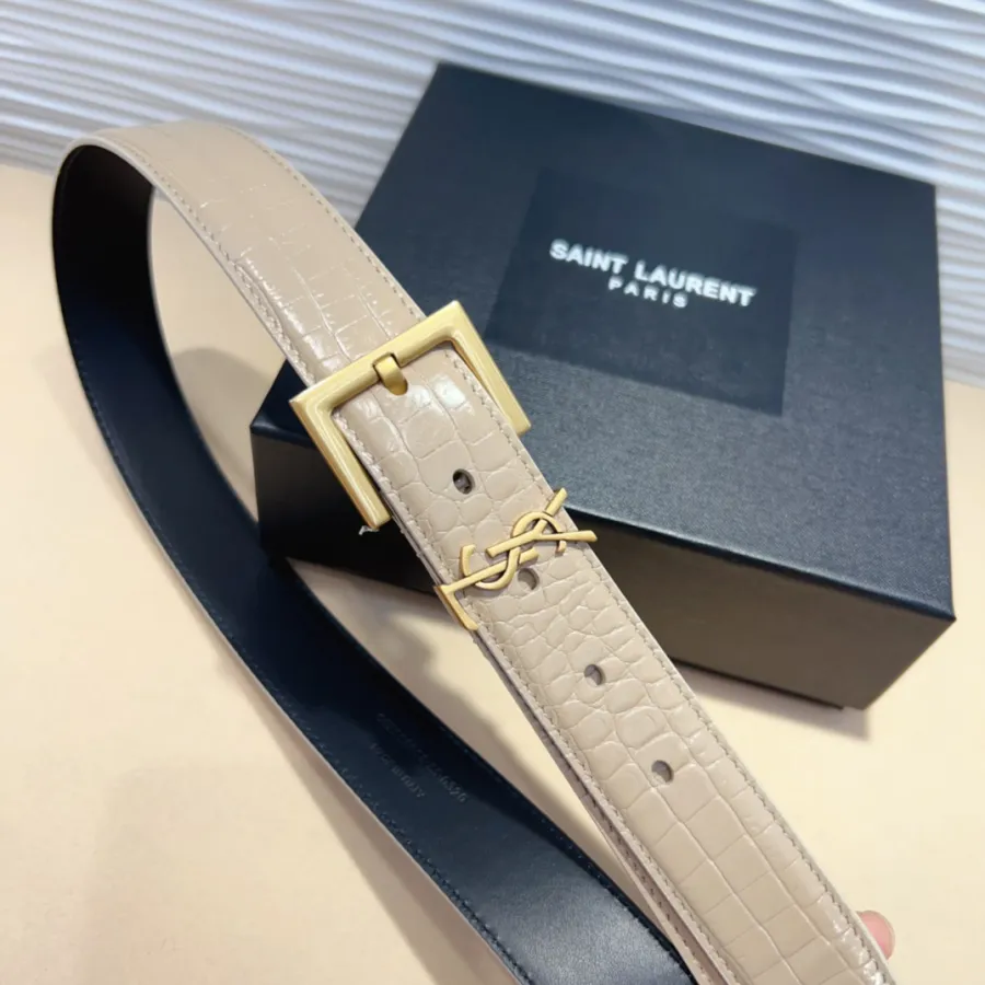 Saint Laurent Cassandre Belt In Black/Beige/Green Crocodile-Embossed Leather With Gold Hardware 30mm