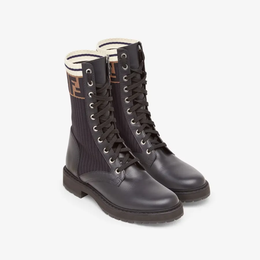 FENDI Stretchy fabric black leather motorcycle boots