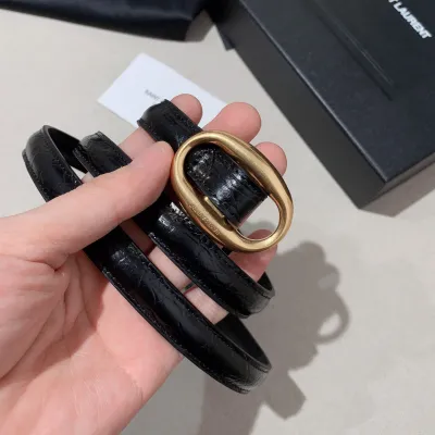 Saint Laurent Oval Buckle Thin Belt In Black Calfskin With Gold/Silver Hardware 15mm