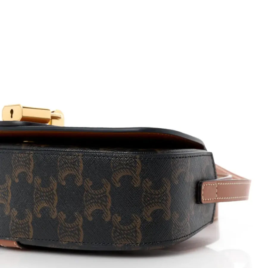 Celine Small Tabou Clutch on Strap Tan Triomphe Canvas & Calfskin Leather Gold Hardware